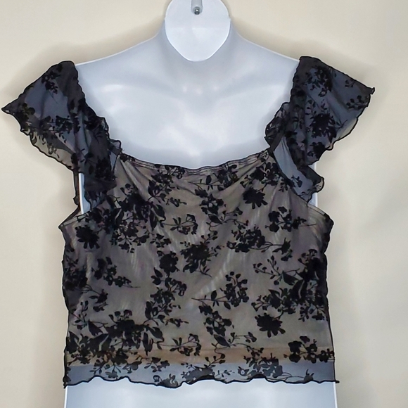 Black Floral Lace Mesh Milkmaid Top Plus Size 2XL Ruffle Flutter Sleeve Coquette - Picture 3 of 11